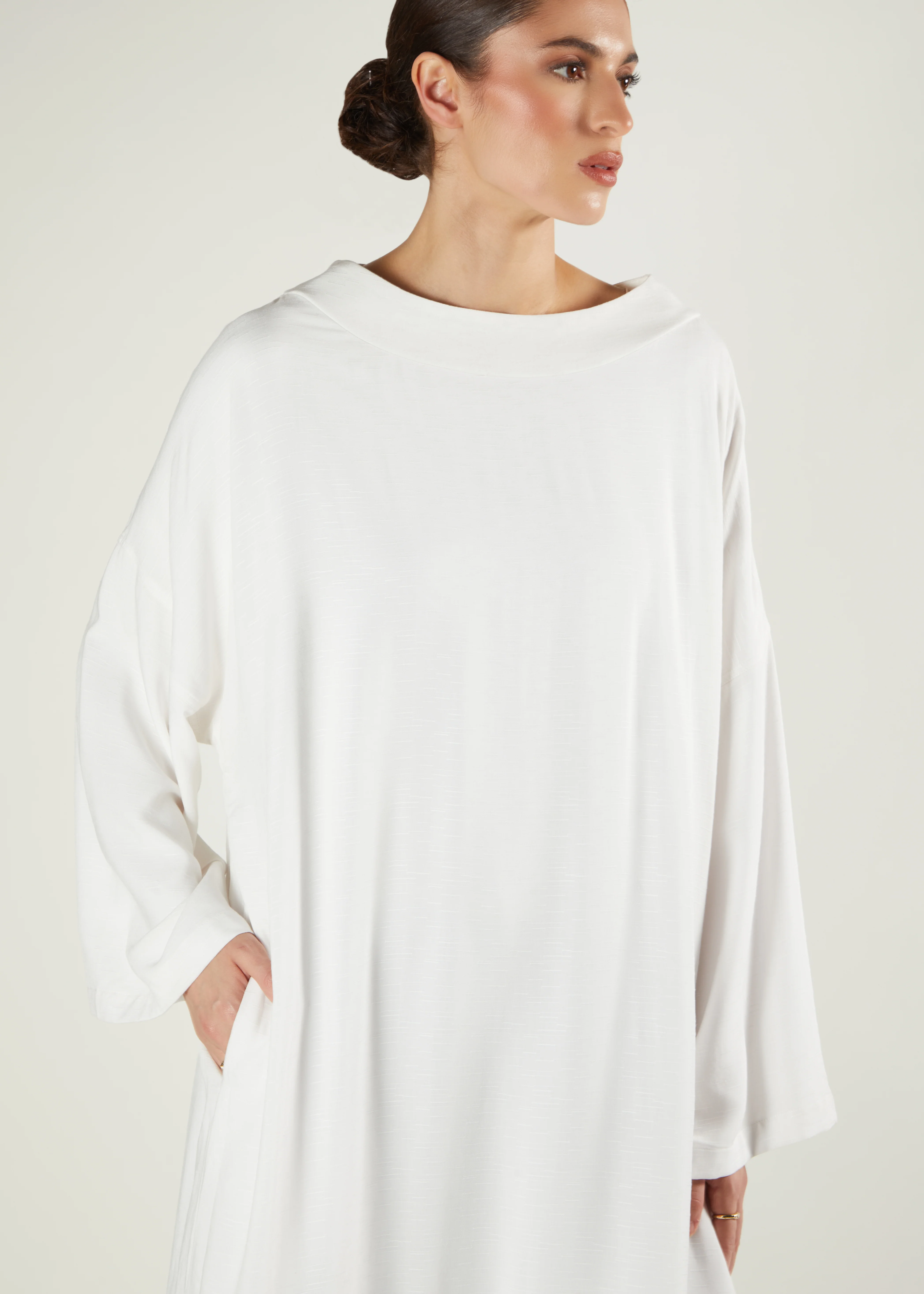 Boat Neck Abaya Off White - Image 3