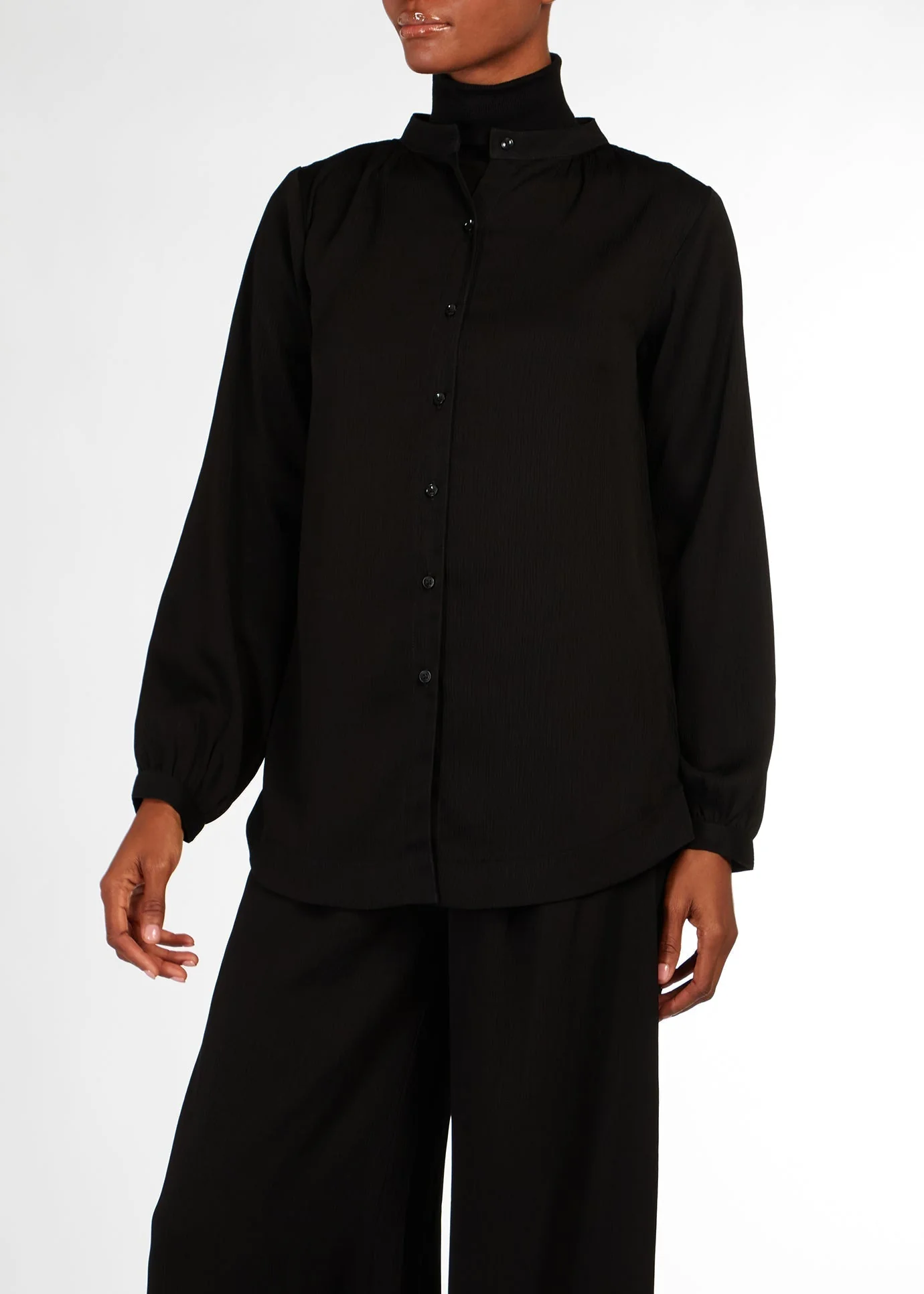Cheesecloth Mandarin Midi Shirt Black