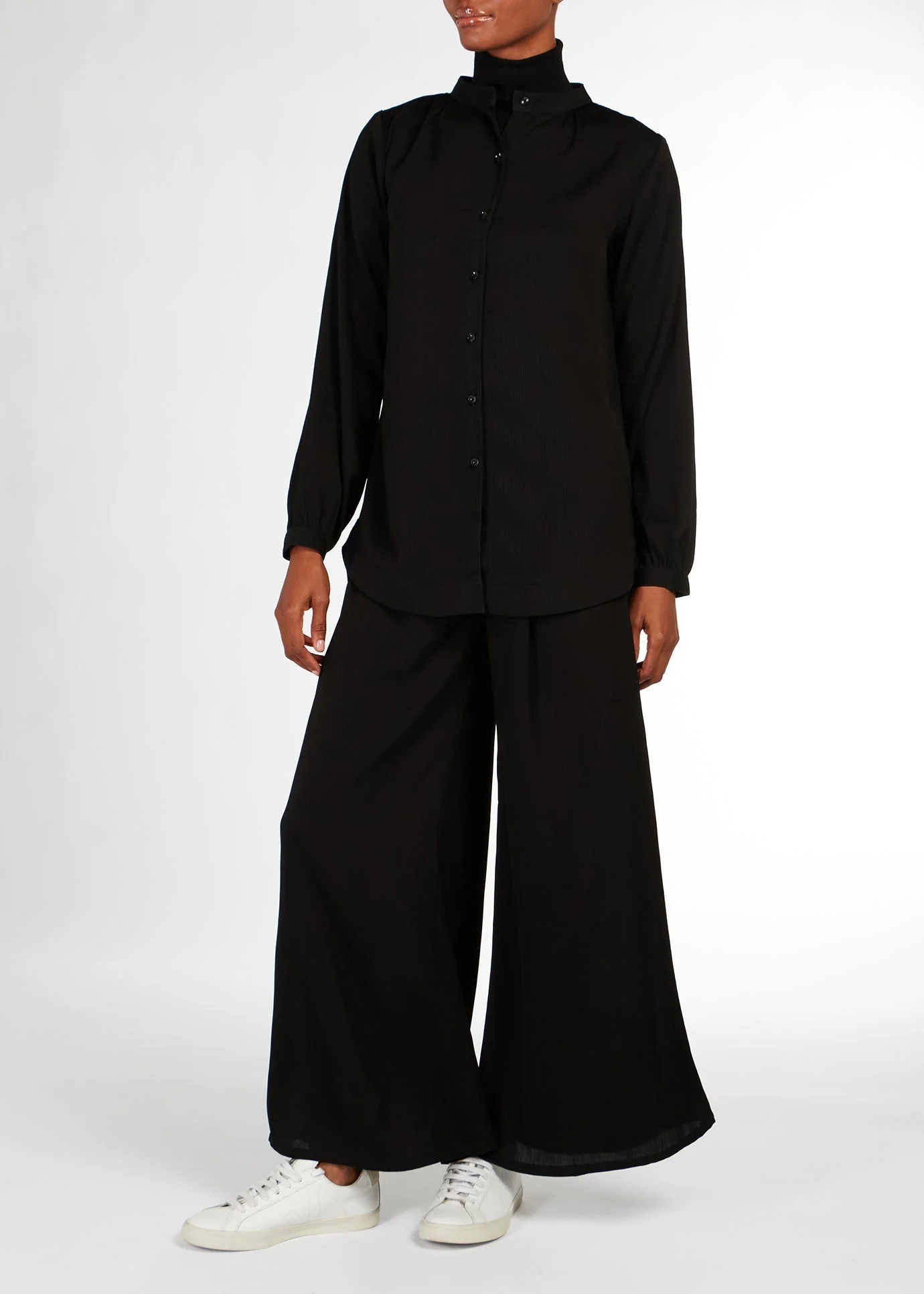 Cheesecloth Mandarin Midi Shirt Black - Image 3