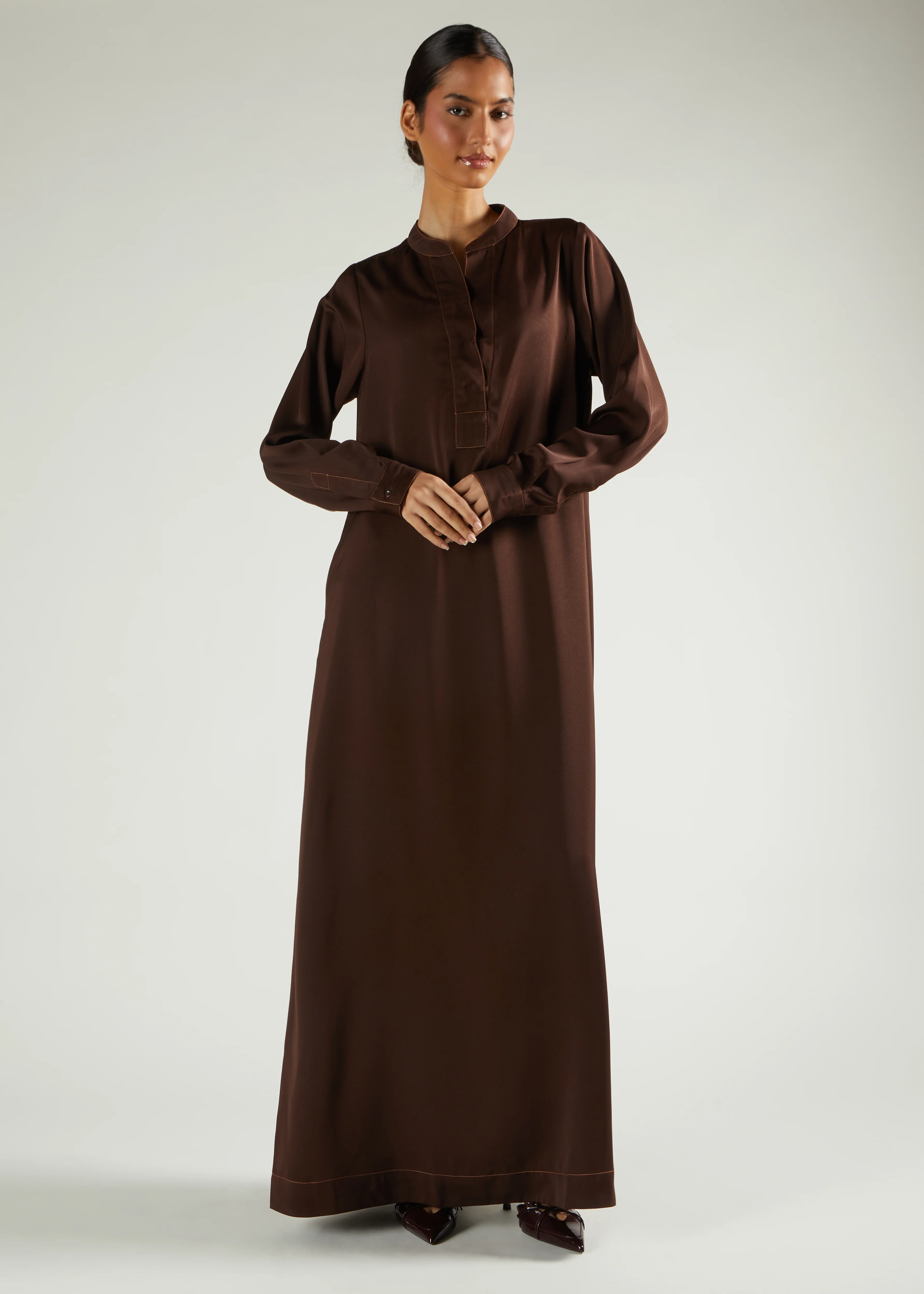 Contrast Stitch Abaya Brown - Final Sale