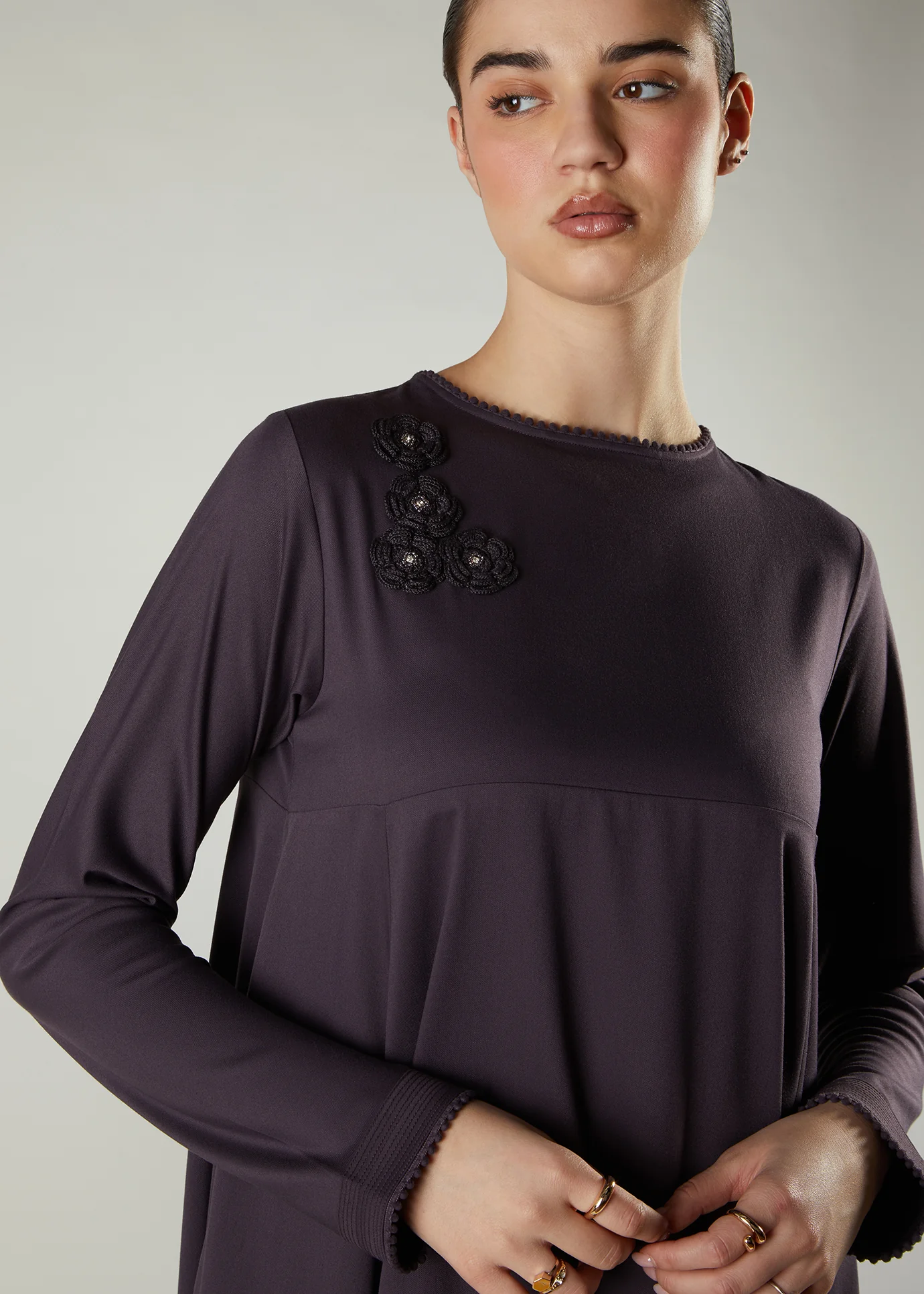 Crochet Flare Abaya Plum - Image 2