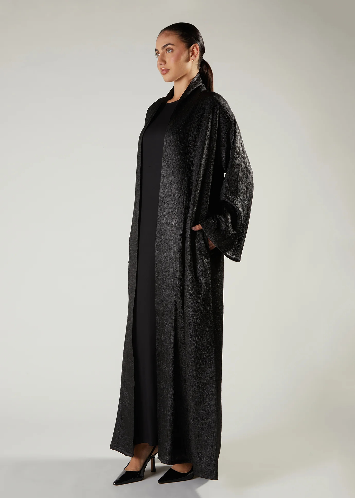 Crushed Satin Open Abaya - Image 2