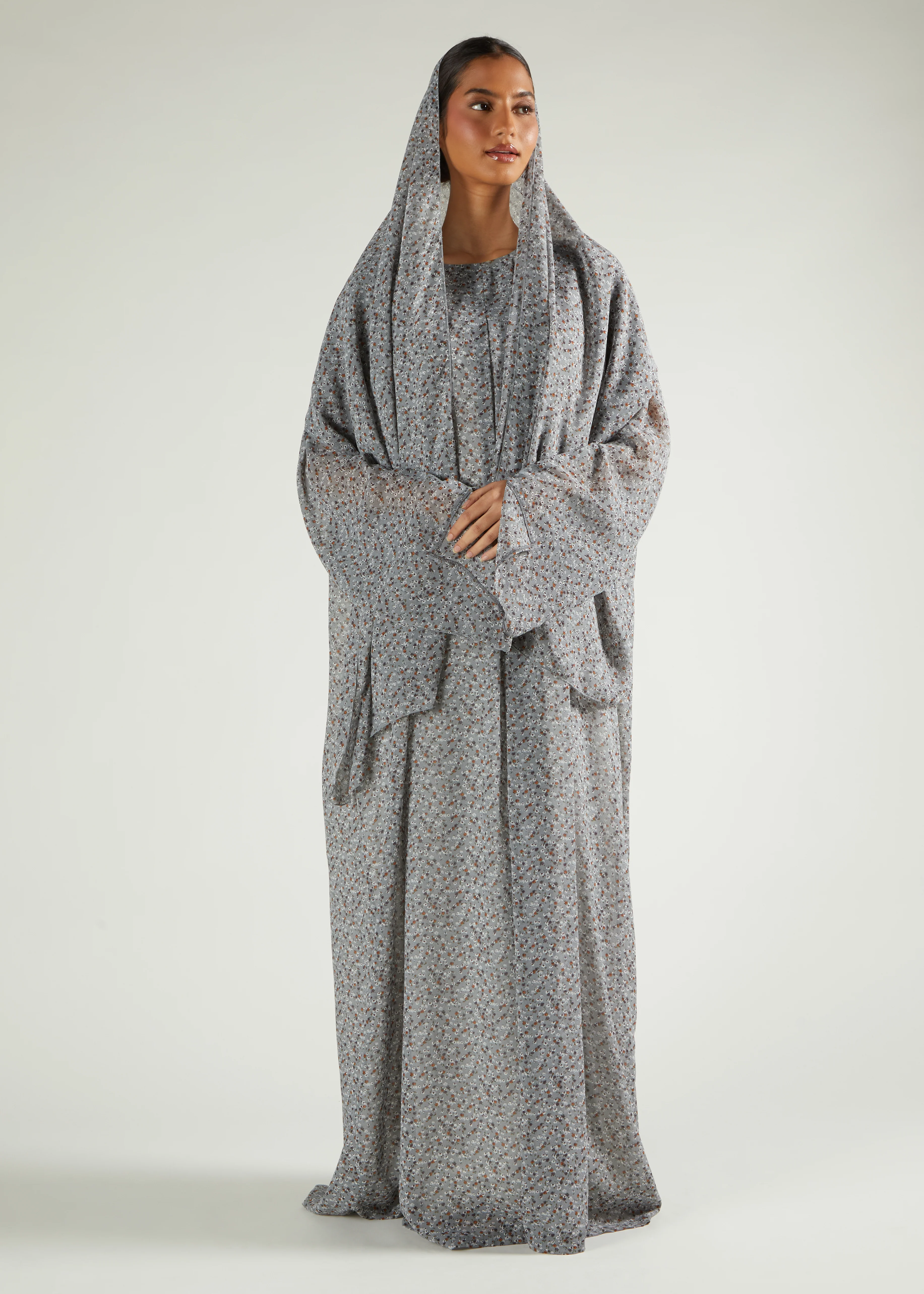 Grey Floral Prayer Abaya & Hijab