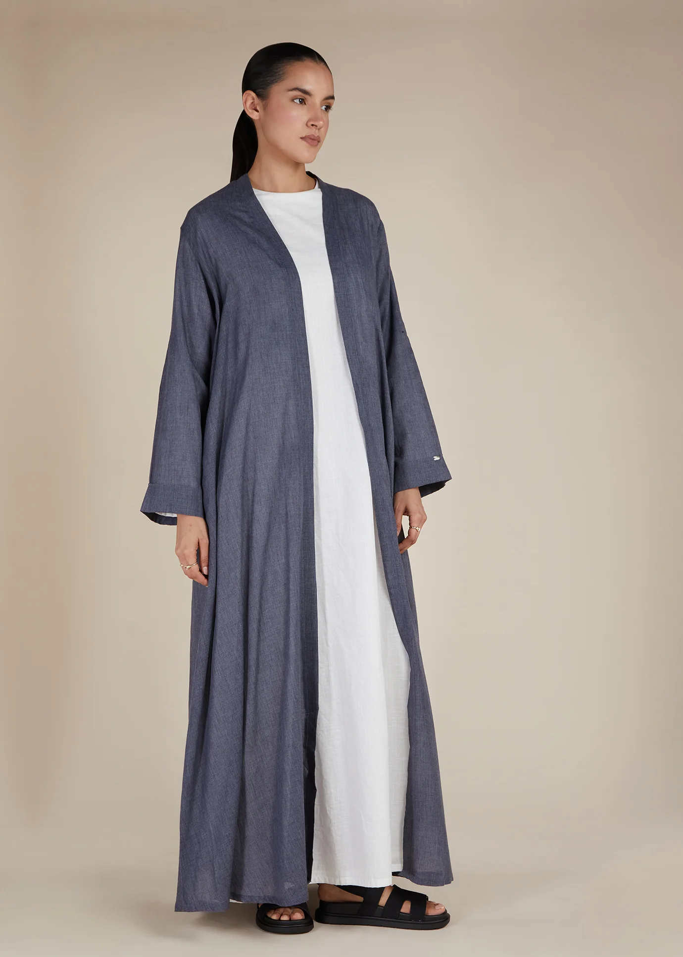 Linen Feel Open Abaya Charcoal - Final Sale