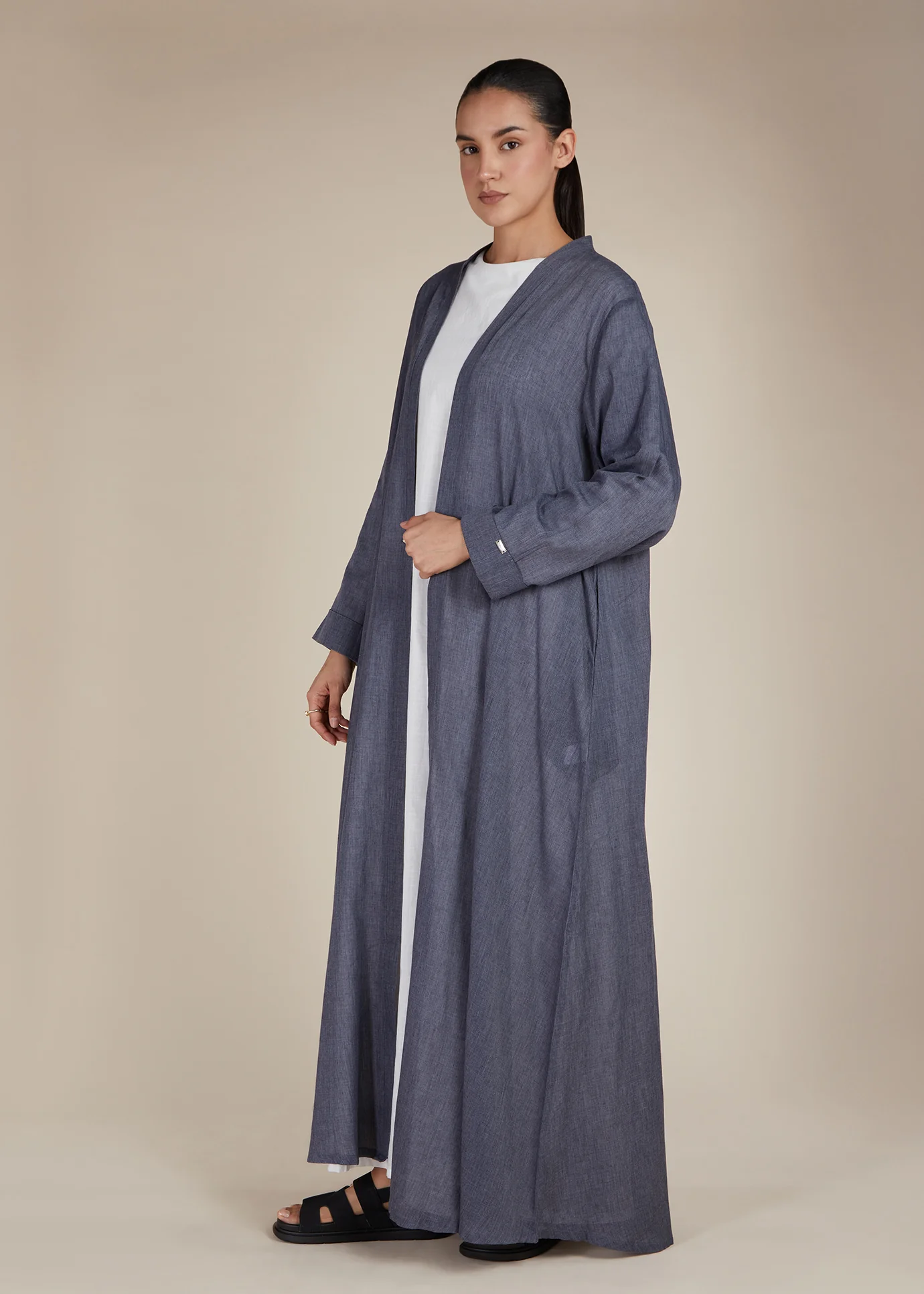 Linen Feel Open Abaya Charcoal - Final Sale - Image 2