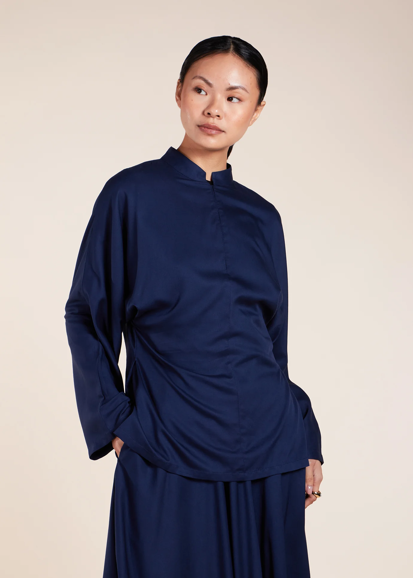 Mandarin Collar Top Navy - Image 3