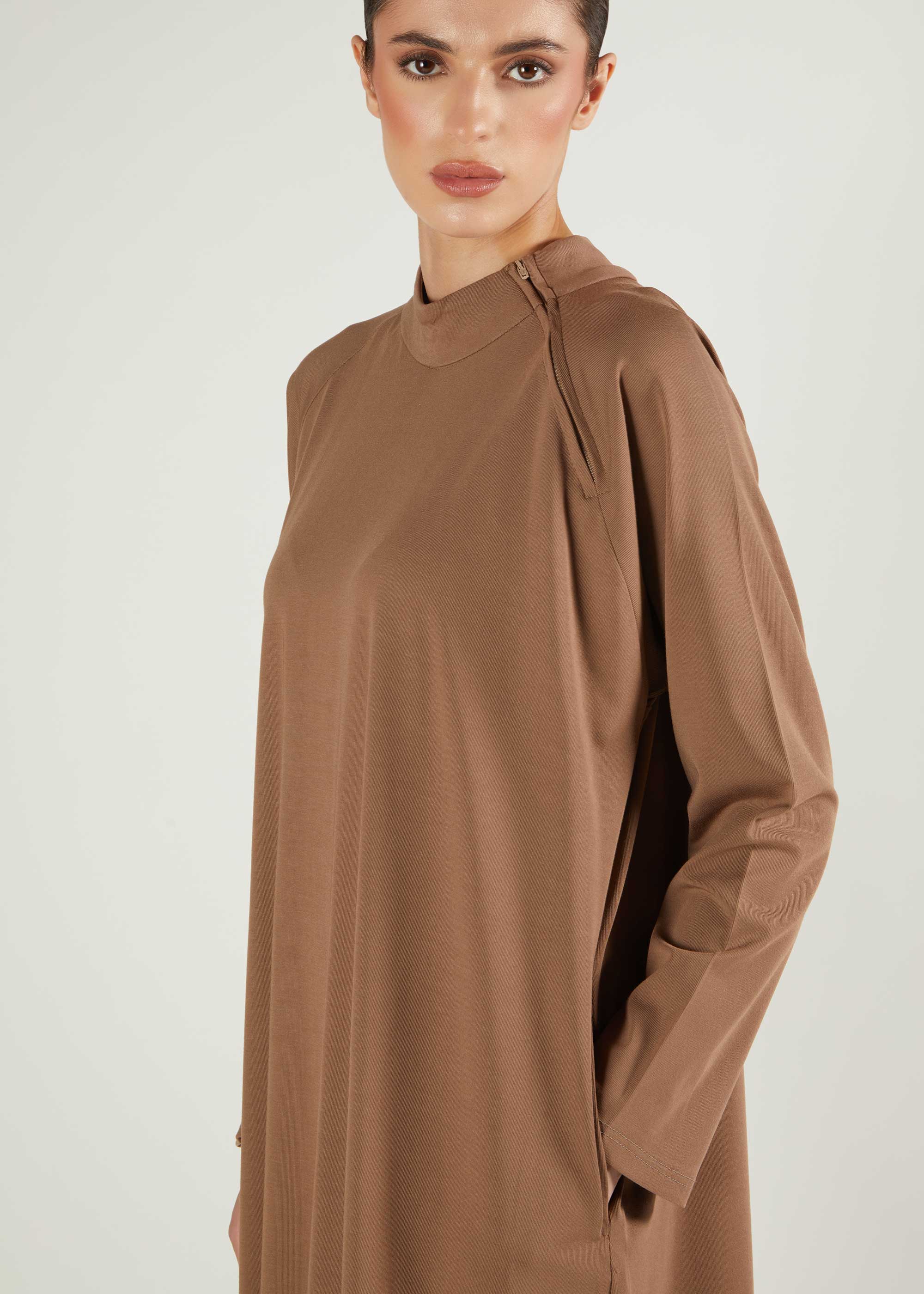 Ribbed Zip Abaya Coffee - Image 4