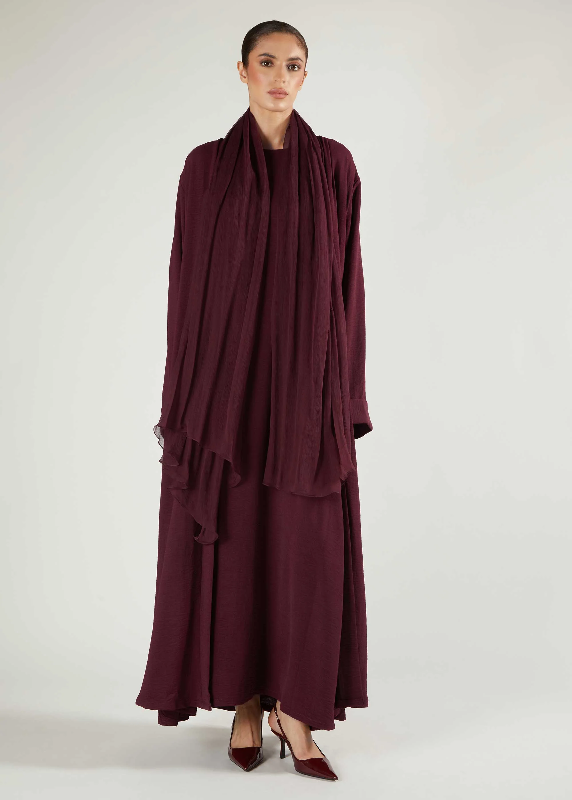 Two Piece Open Abaya With Slip Berry - Image 2