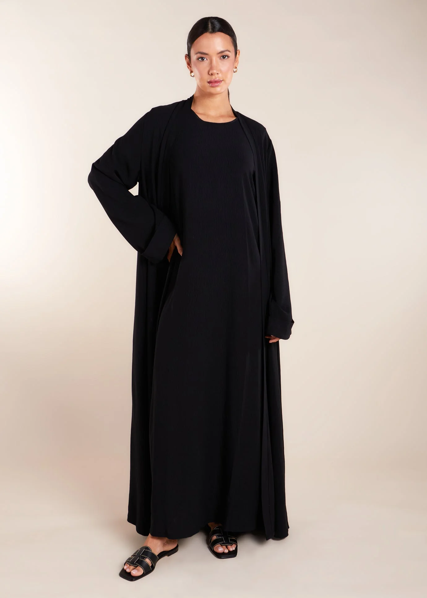 Two Piece Open Abaya with Slip Black - Image 7