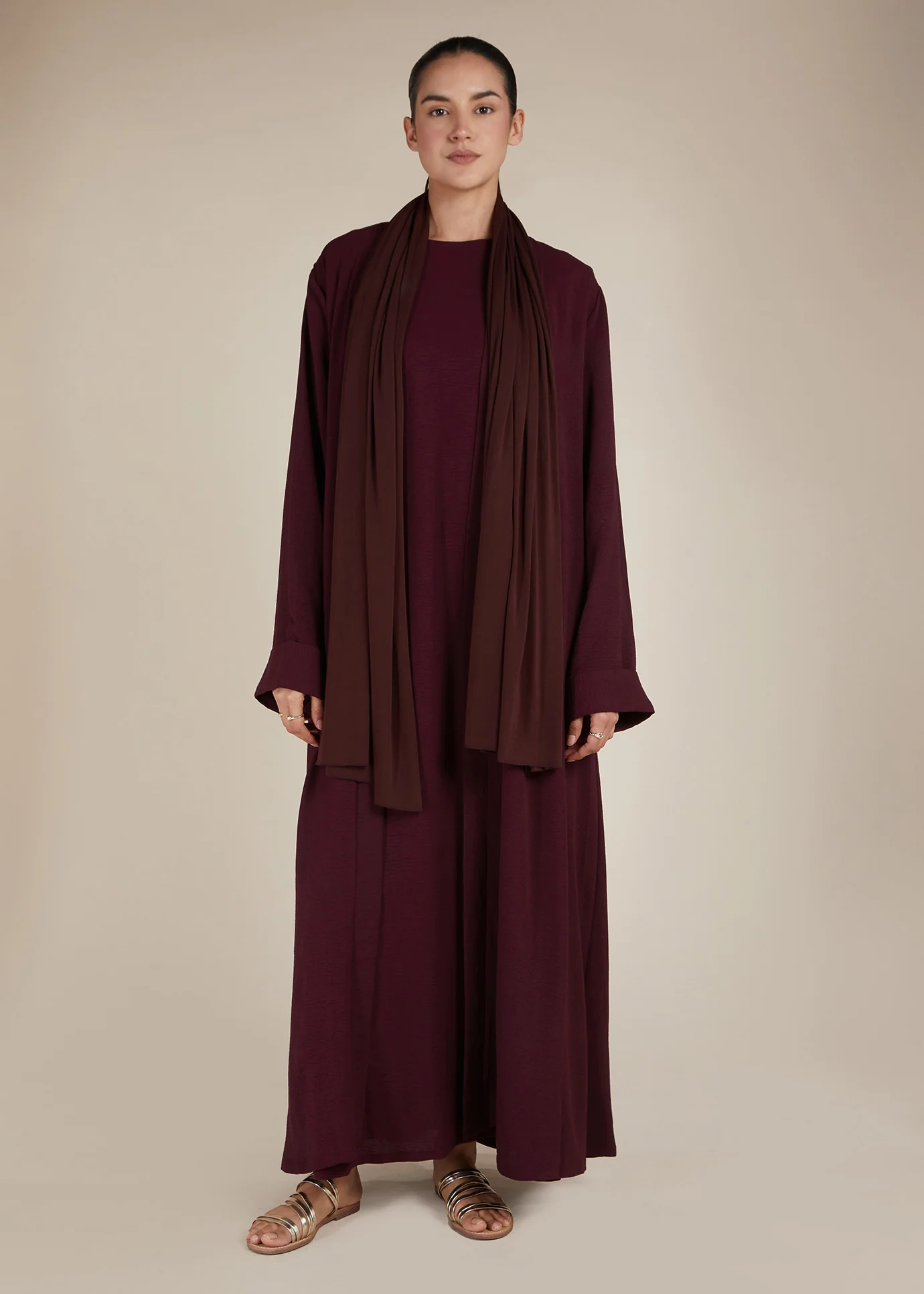 Two Piece Open Abaya With Slip Burgundy - Image 3