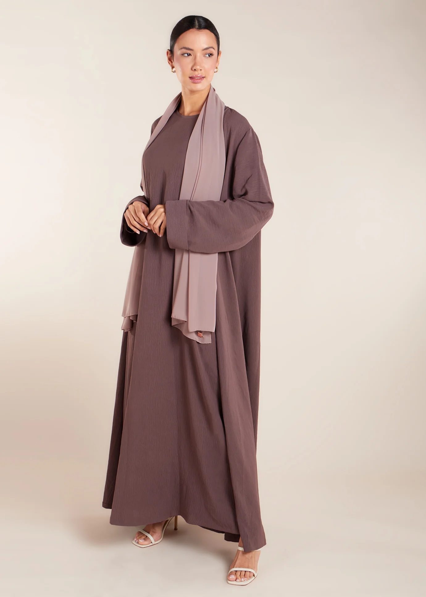 Two Piece Open Abaya with Slip Coffee - Image 3