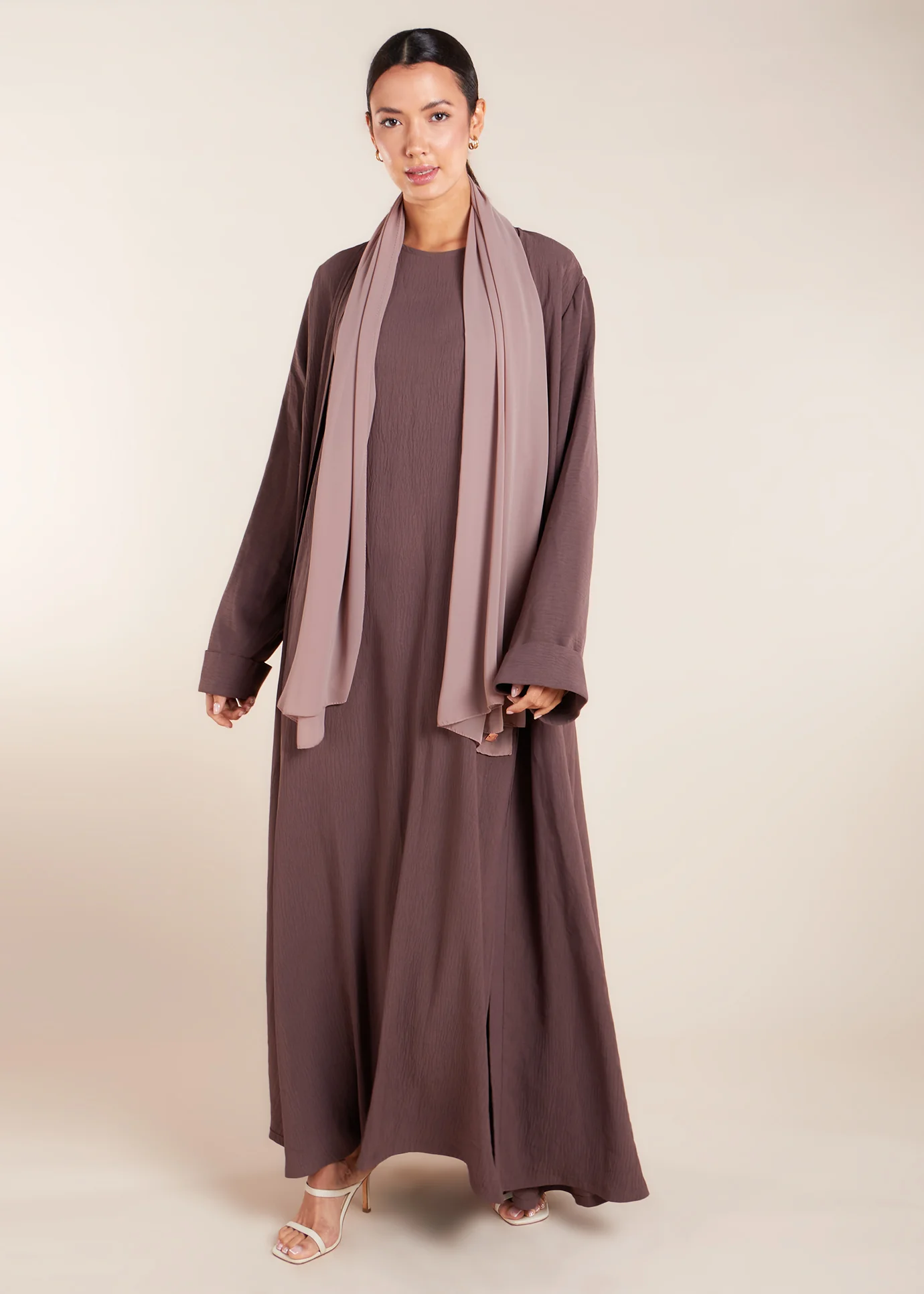 Two Piece Open Abaya with Slip Coffee - Image 4