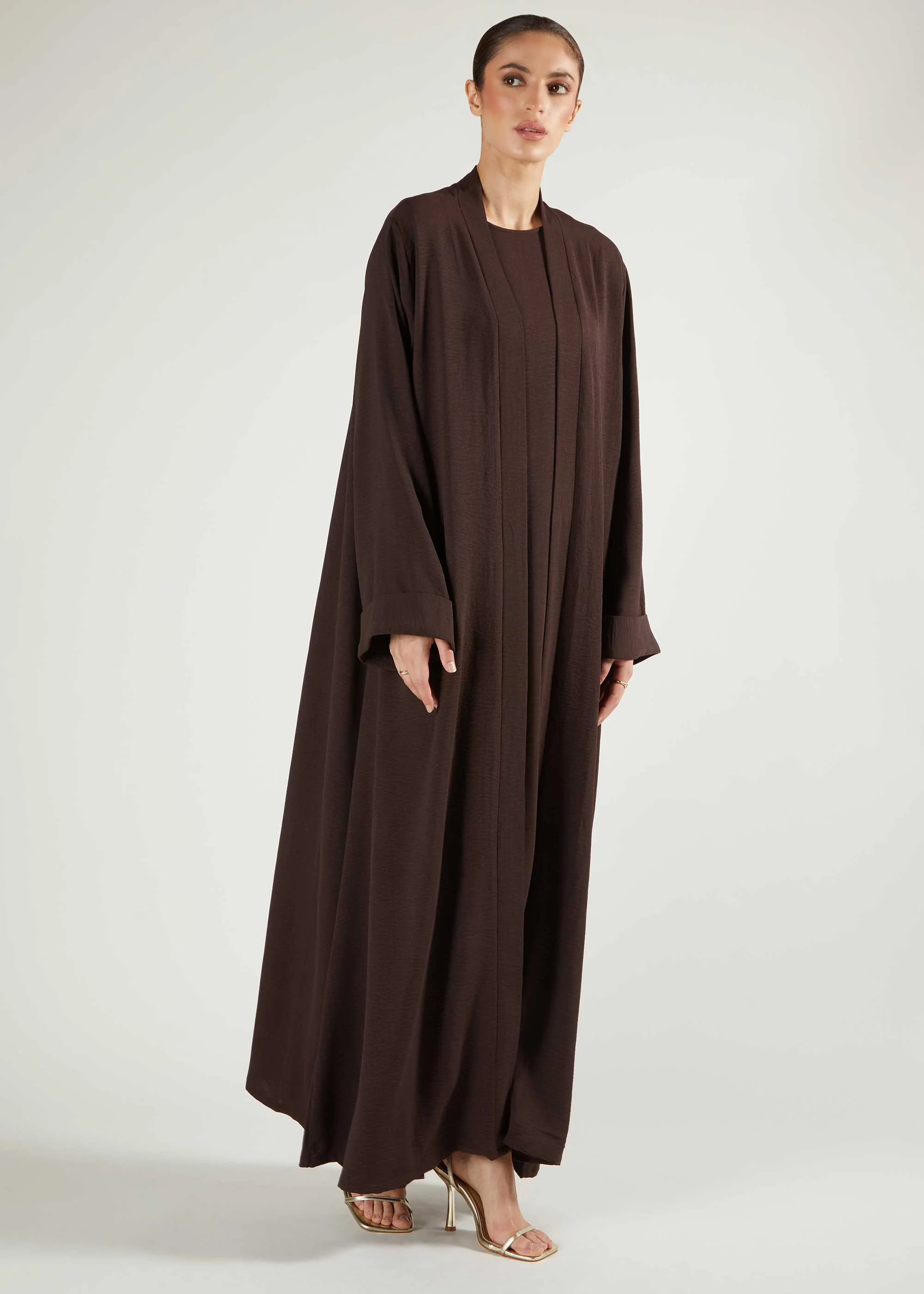 Two Piece Open Abaya With Slip Dark Brown - Image 2