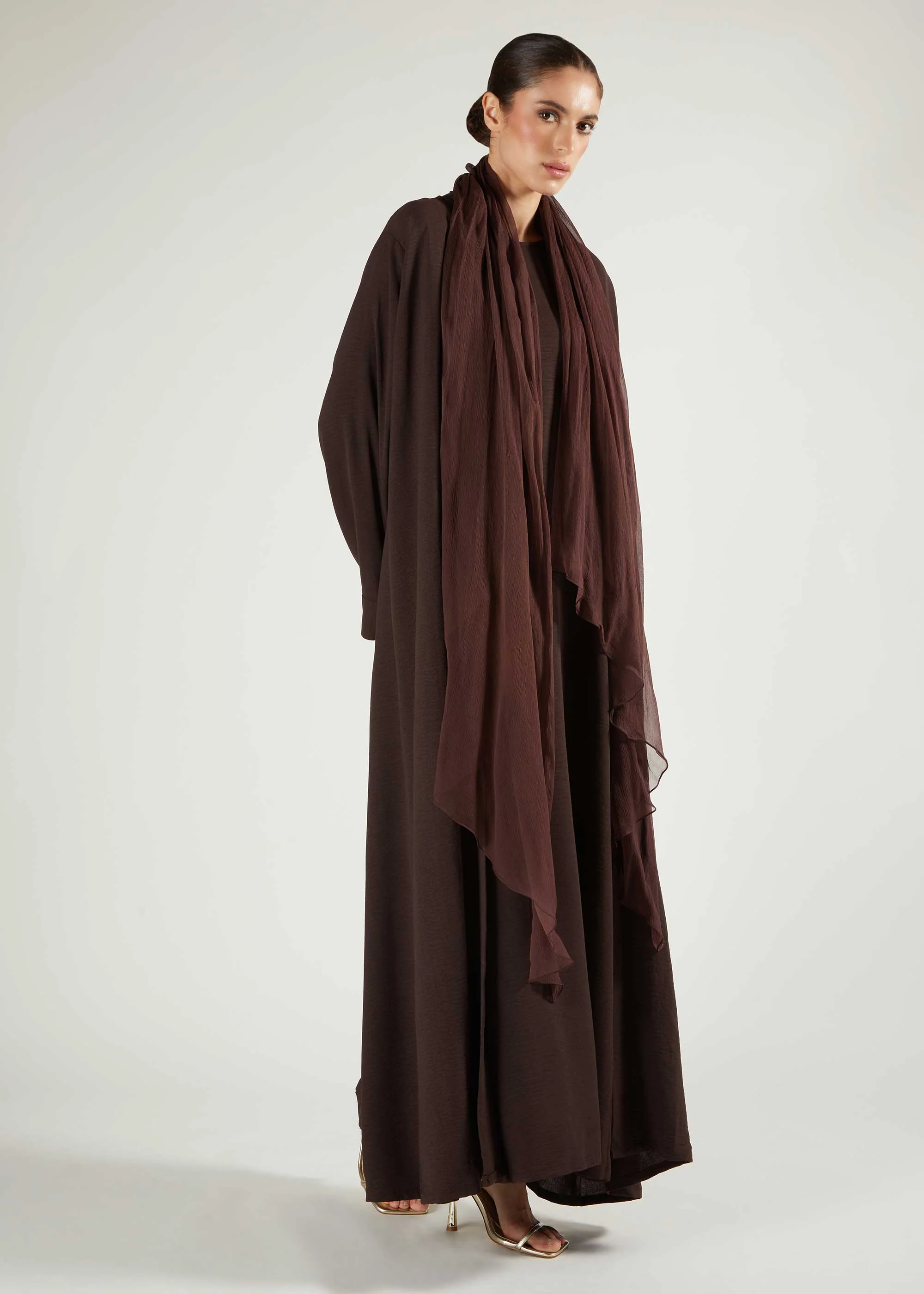 Two Piece Open Abaya With Slip Dark Brown - Image 3