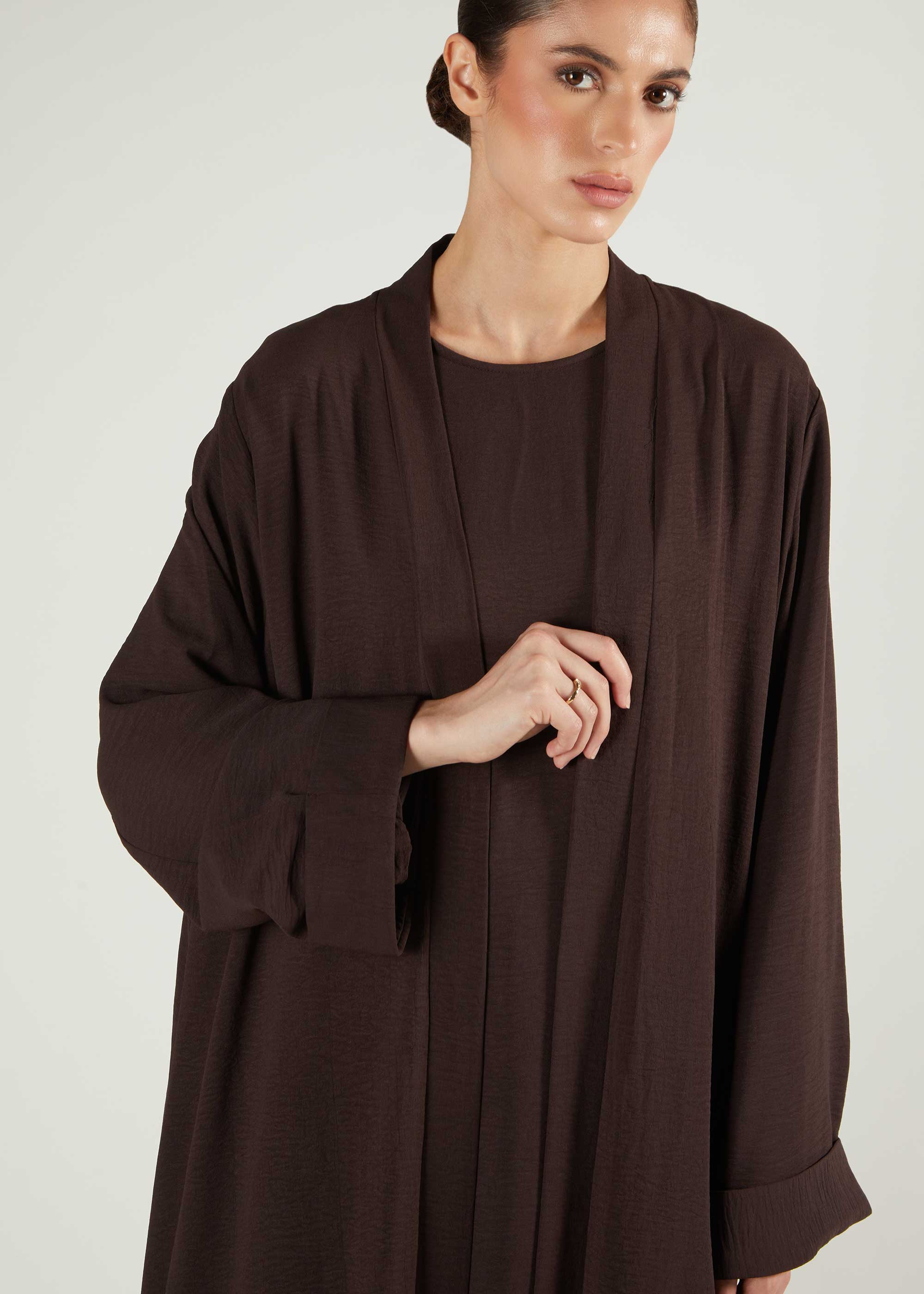 Two Piece Open Abaya With Slip Dark Brown - Image 4