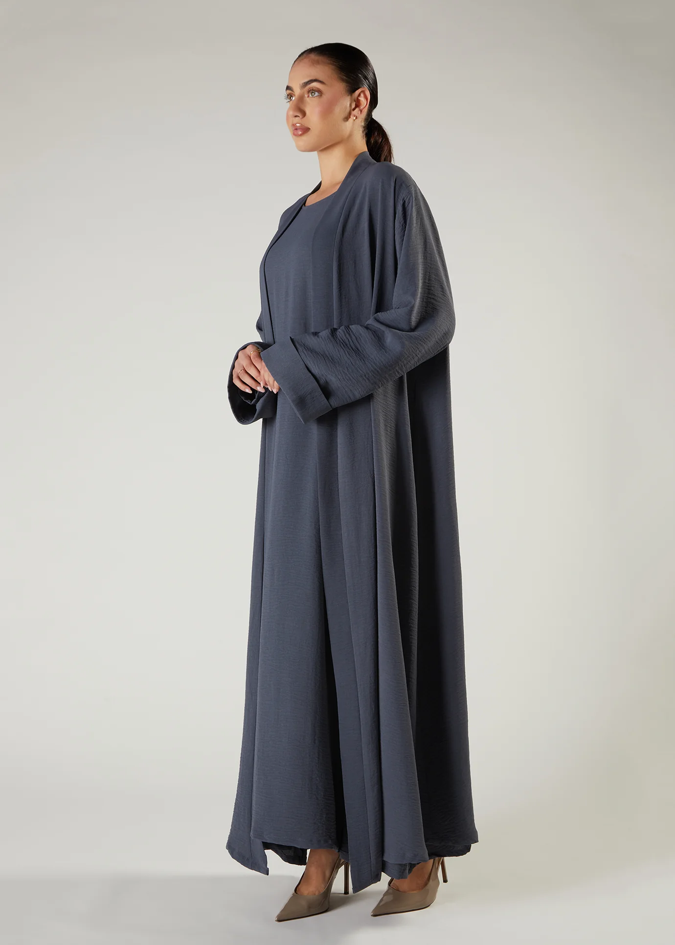 Two Piece Open Abaya With Slip Dusty Blue - Image 2