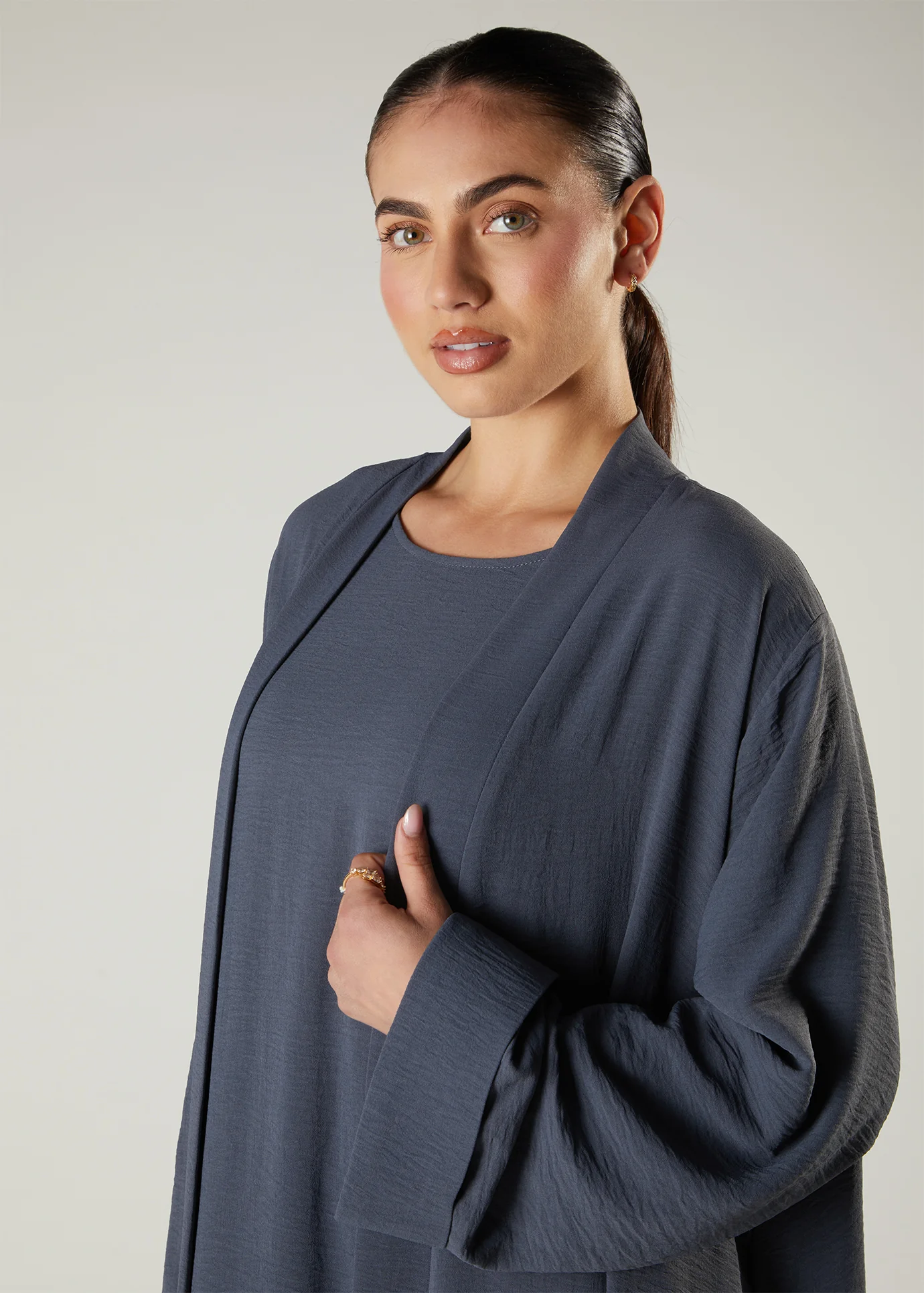 Two Piece Open Abaya With Slip Dusty Blue - Image 4