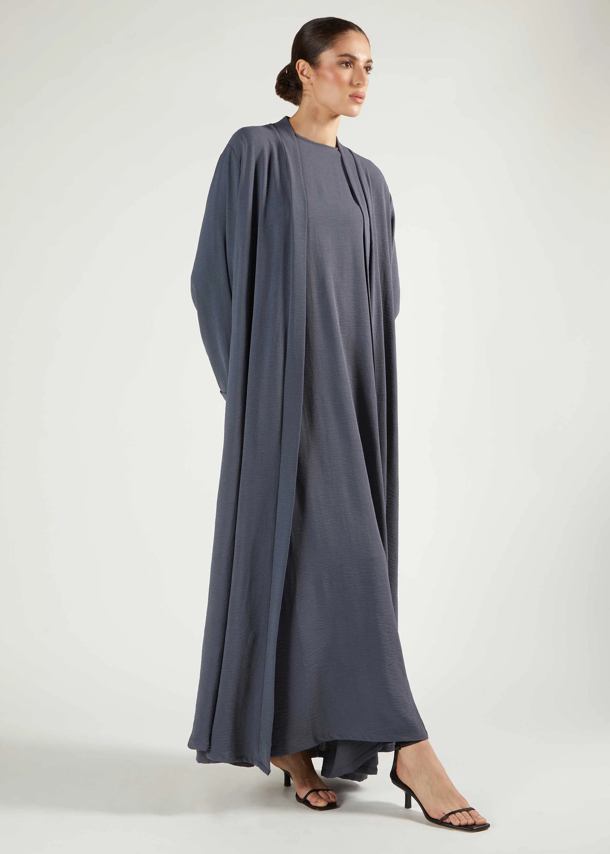 Two Piece Open Abaya With Slip Dusty Blue - Image 5