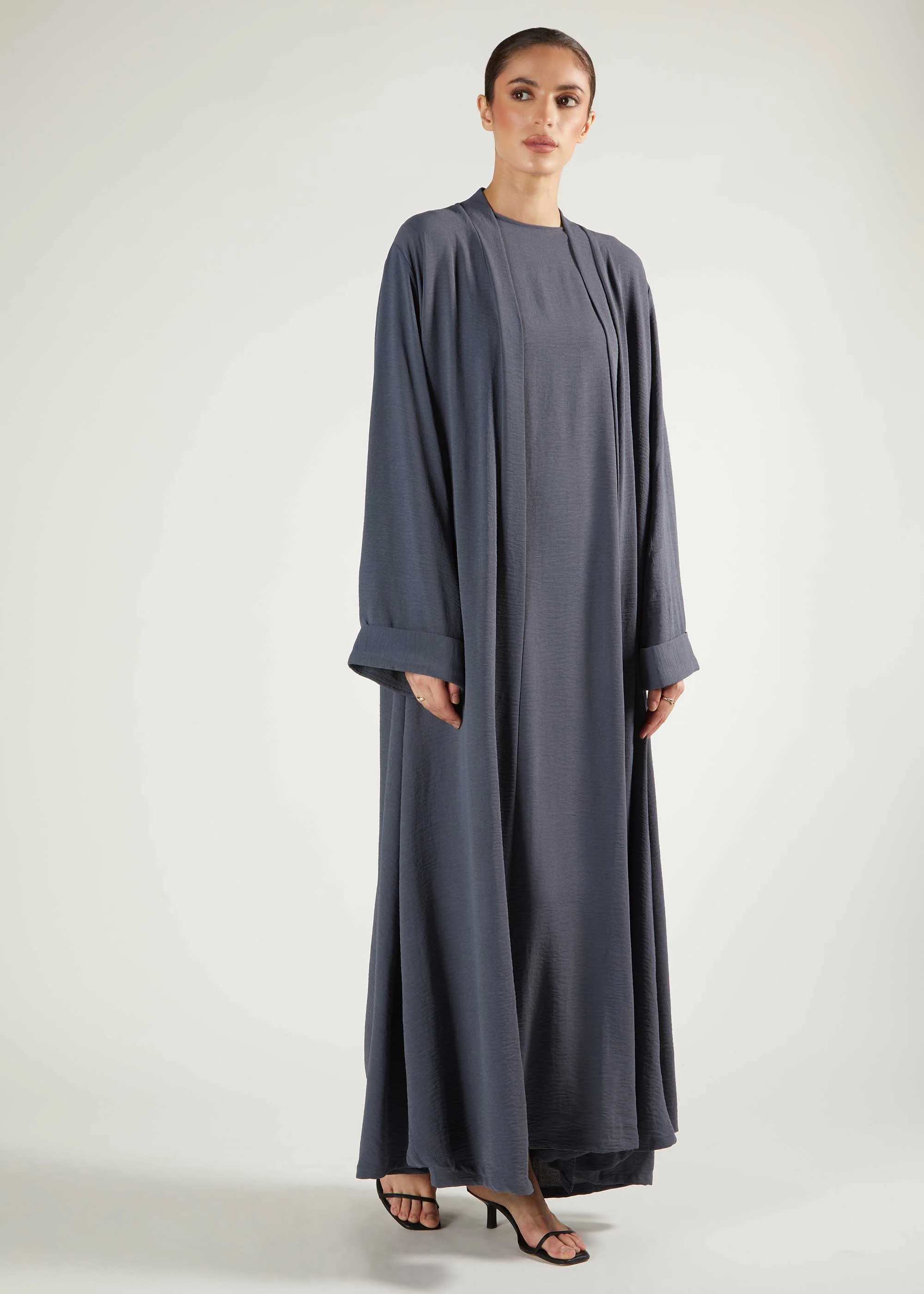 Two Piece Open Abaya With Slip Dusty Blue - Image 6