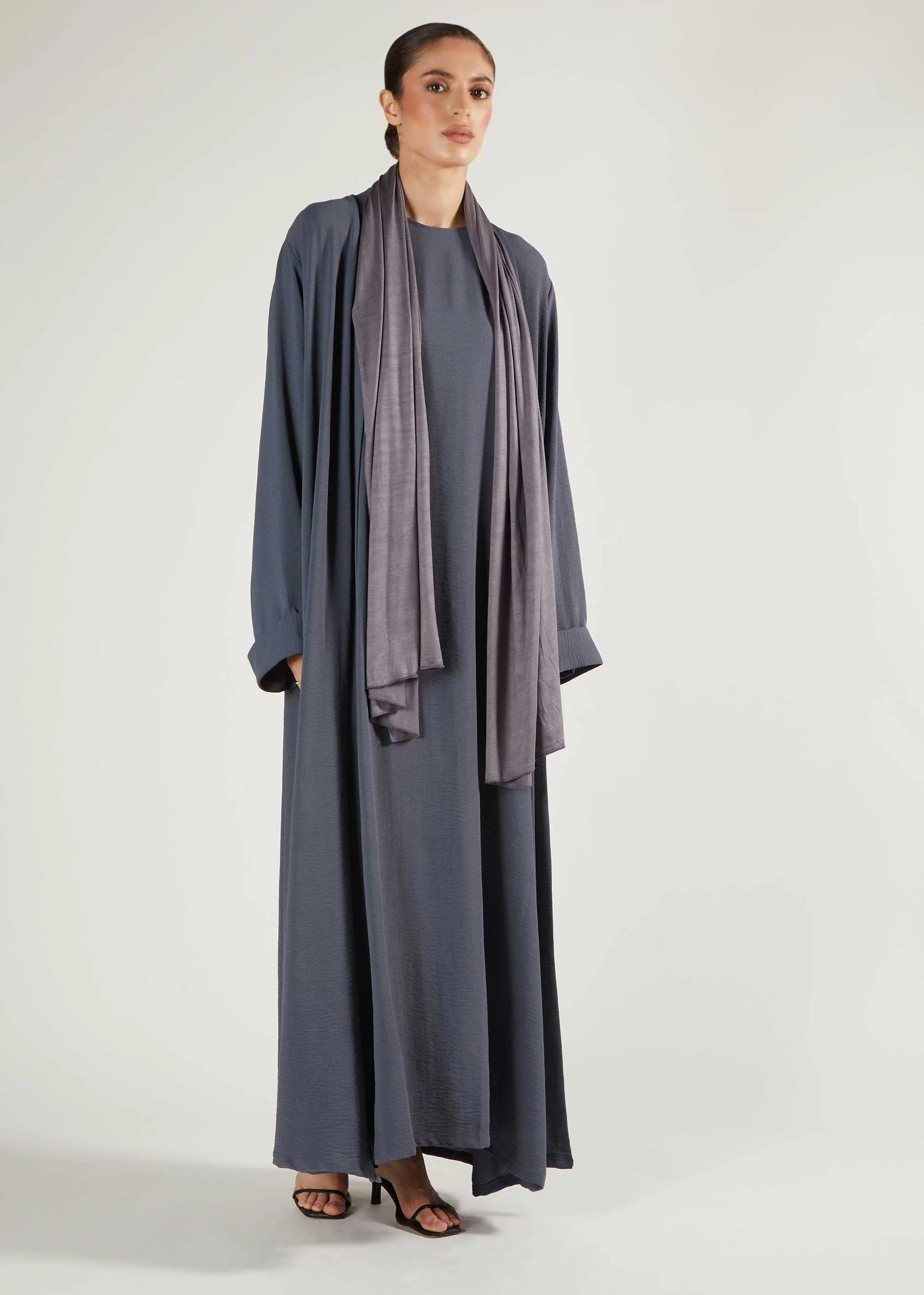 Two Piece Open Abaya With Slip Dusty Blue - Image 7