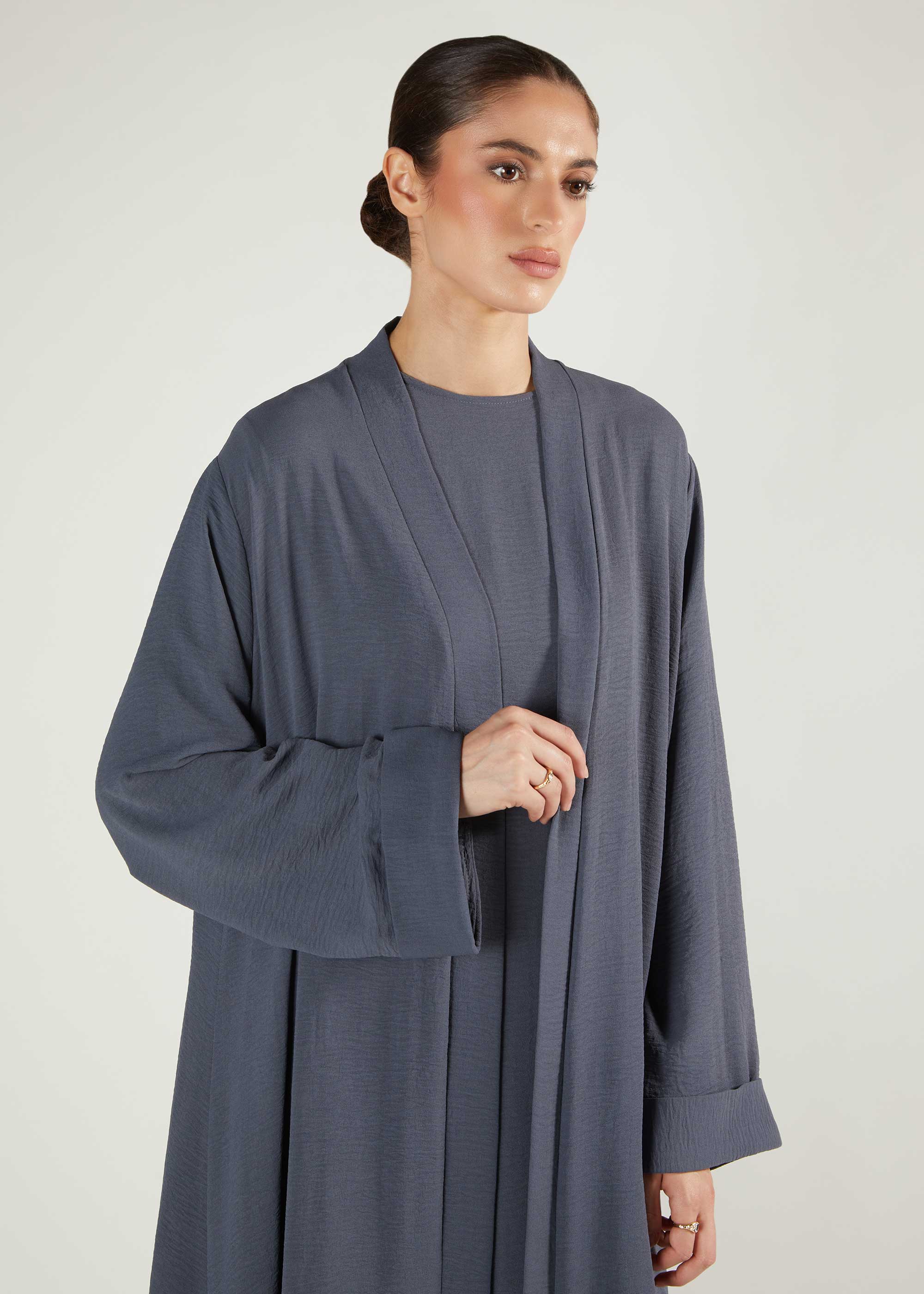 Two Piece Open Abaya With Slip Dusty Blue - Image 9