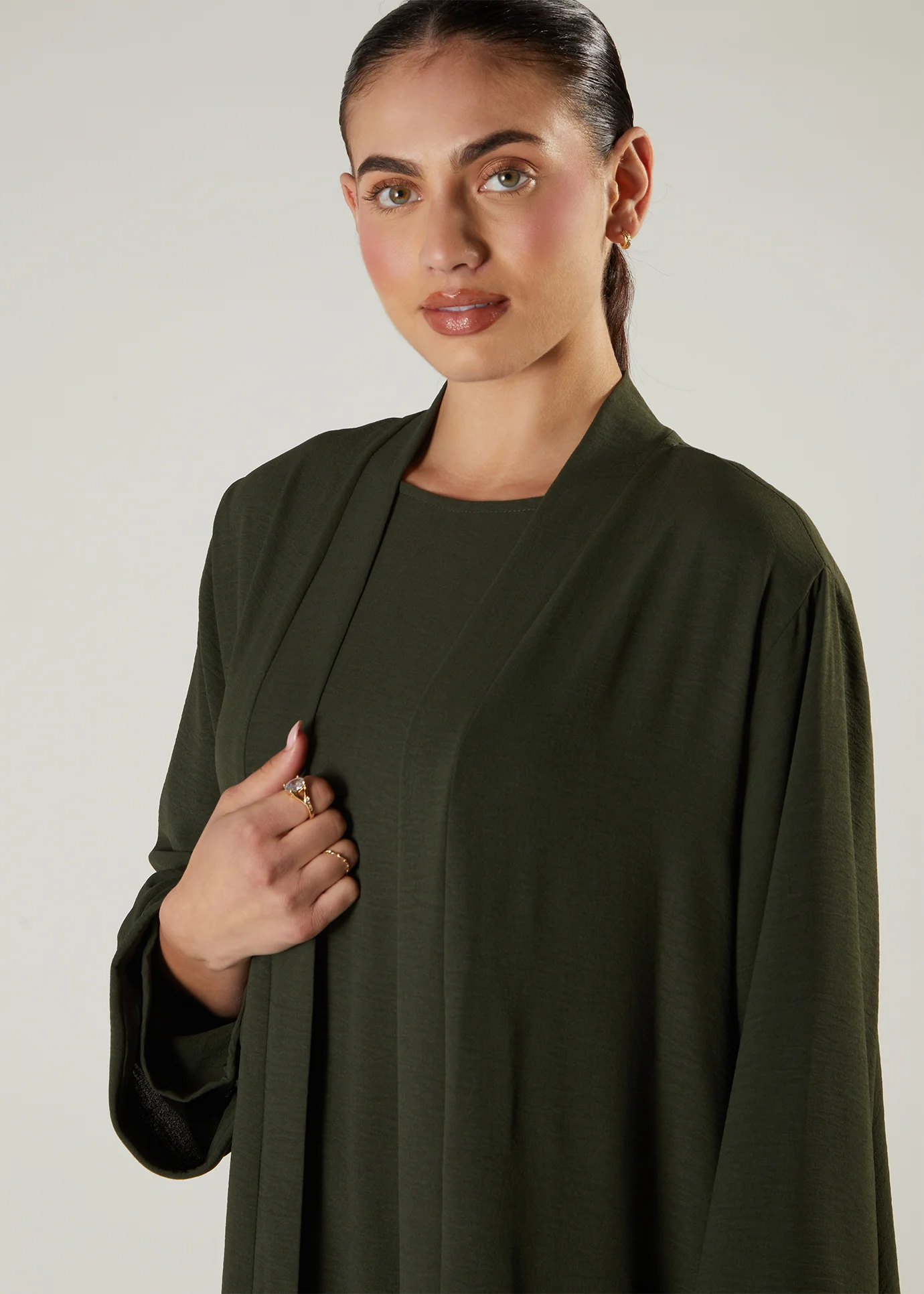 Two Piece Open Abaya with Slip Khaki - Image 4
