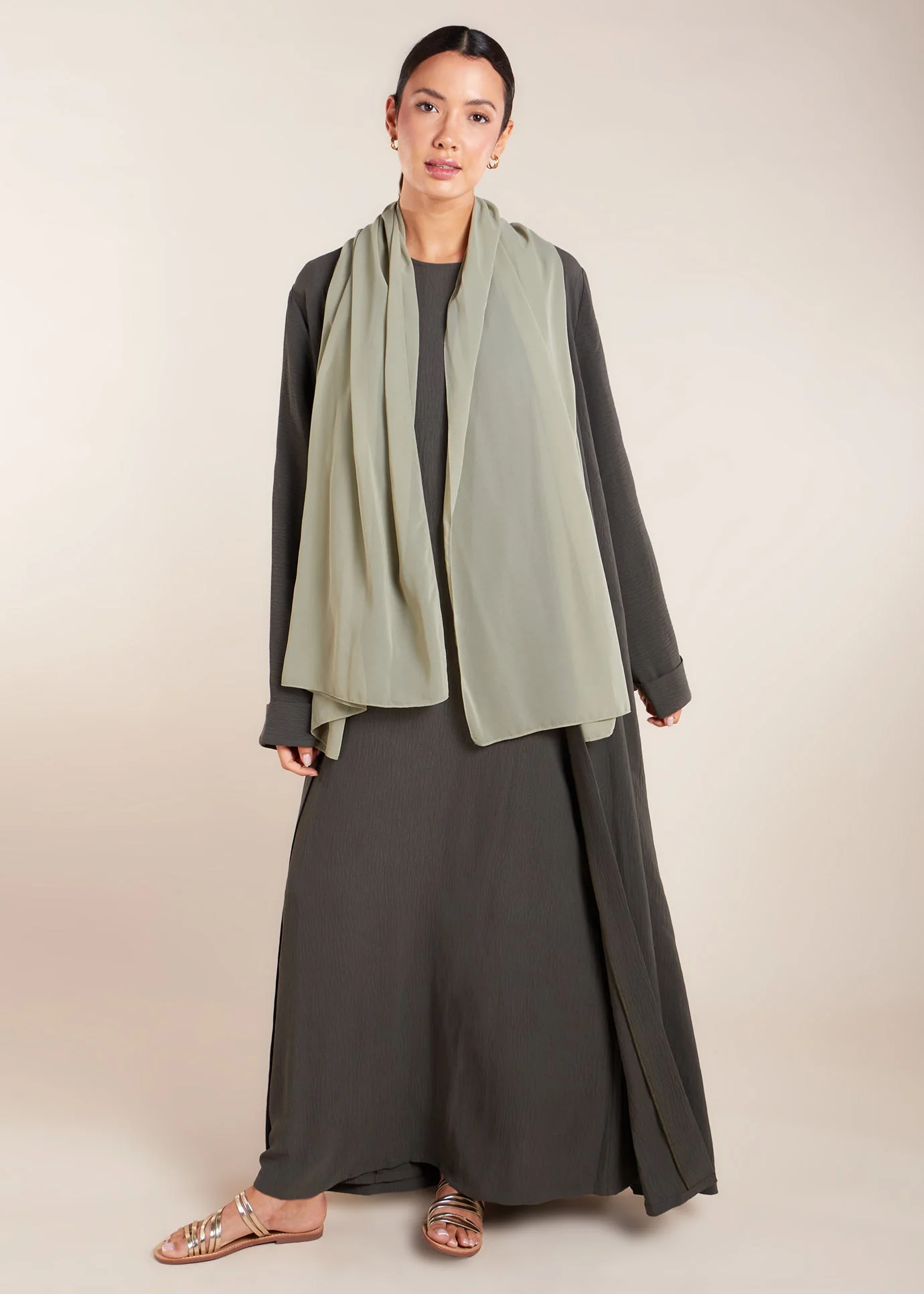 Two Piece Open Abaya with Slip Khaki - Image 5