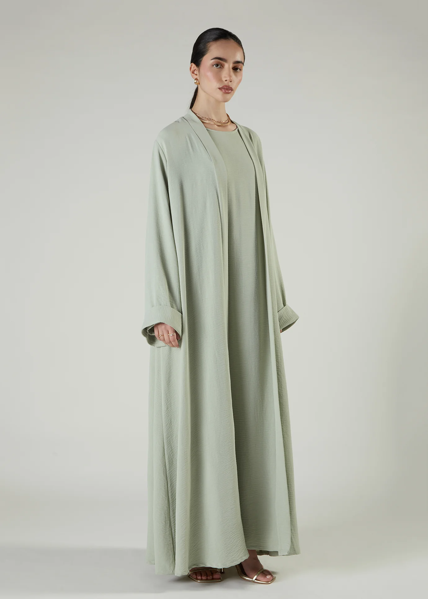 Two Piece Open Abaya With Slip Mint - Image 6