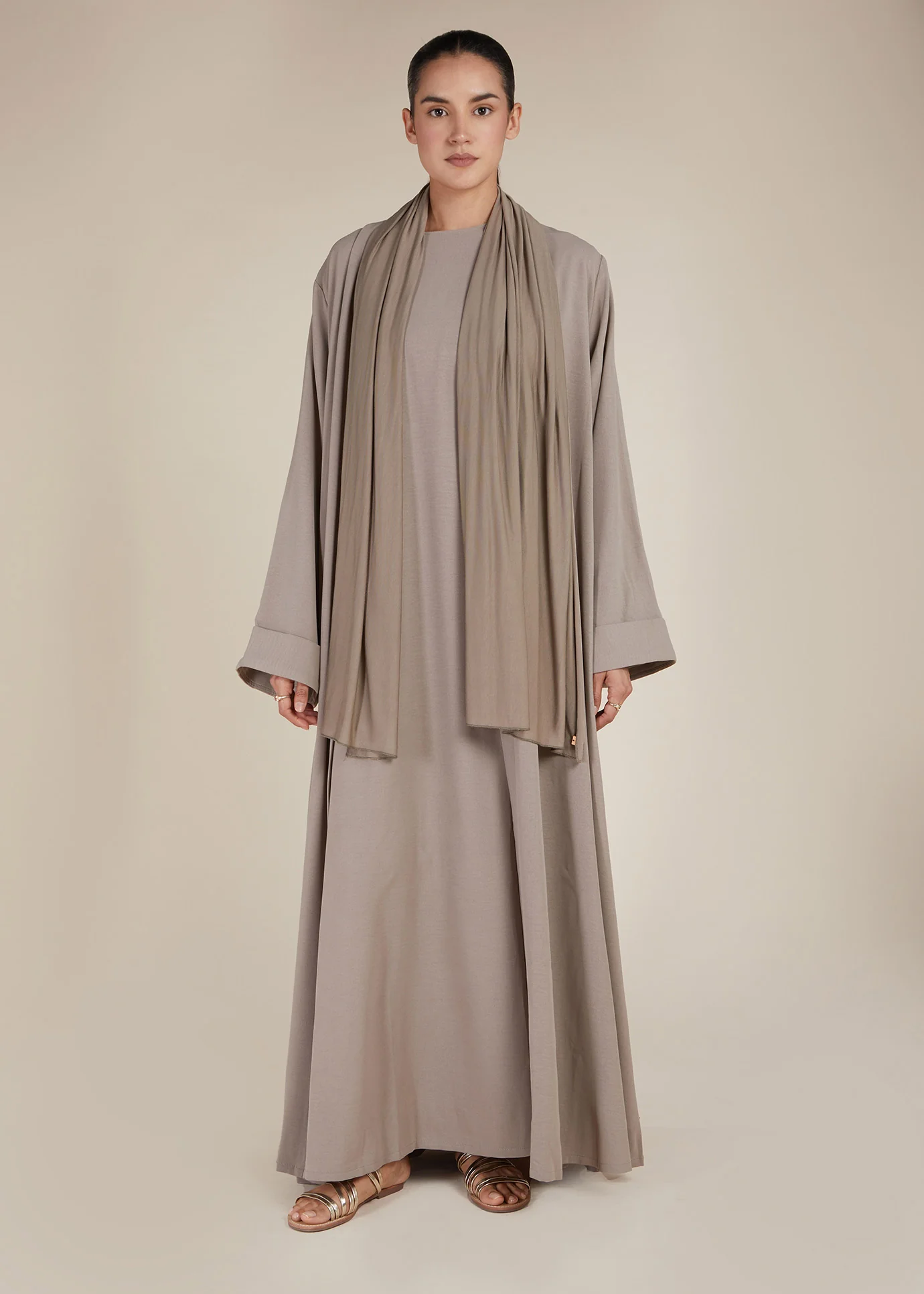 Two Piece Open Abaya With Slip Natural - Image 2