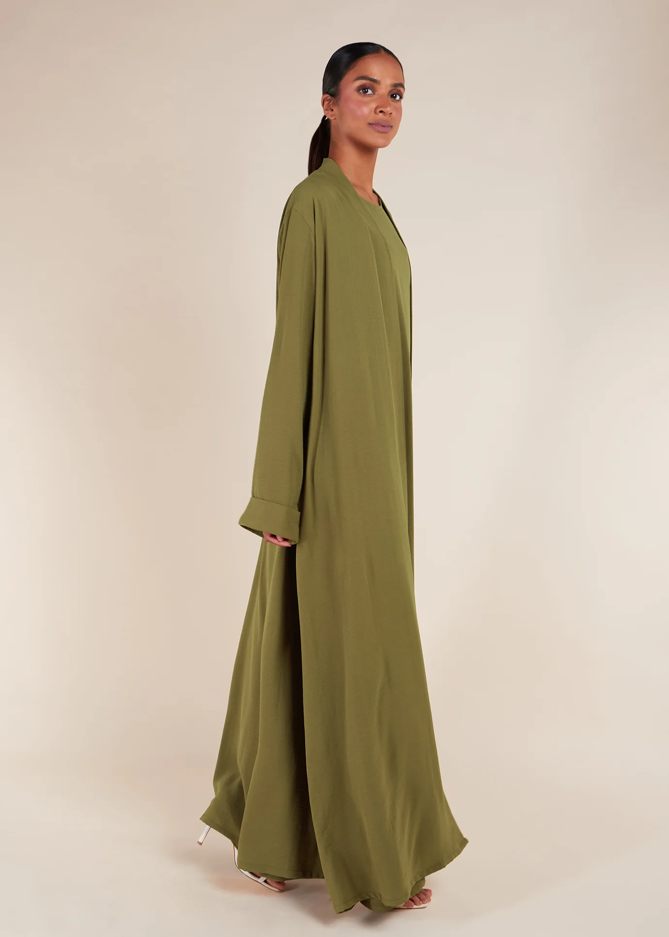 Two Piece Open Abaya With Slip Olive Green - Image 2