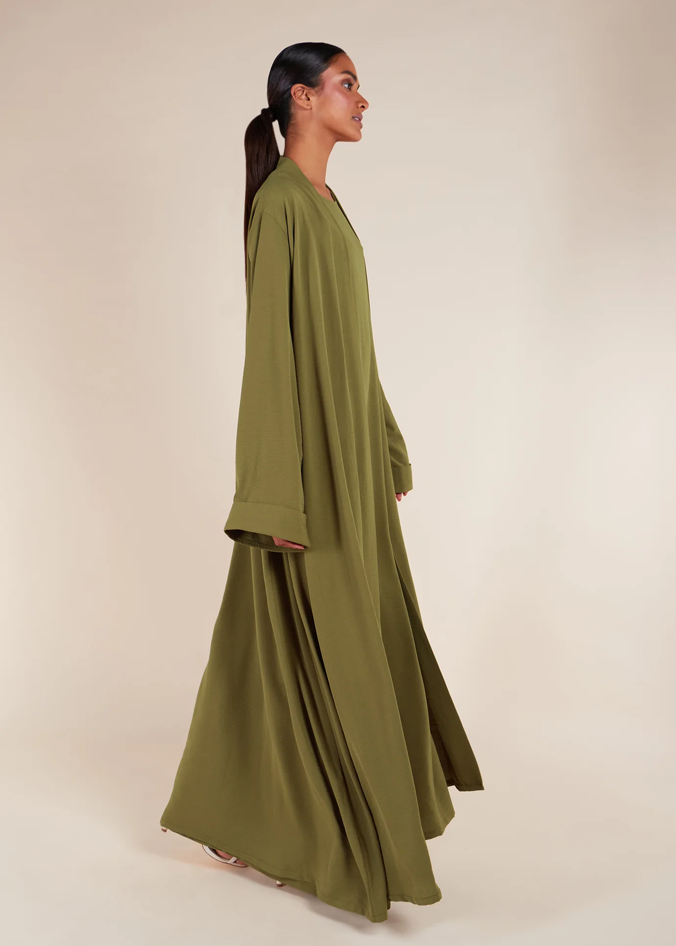 Two Piece Open Abaya With Slip Olive Green - Image 3