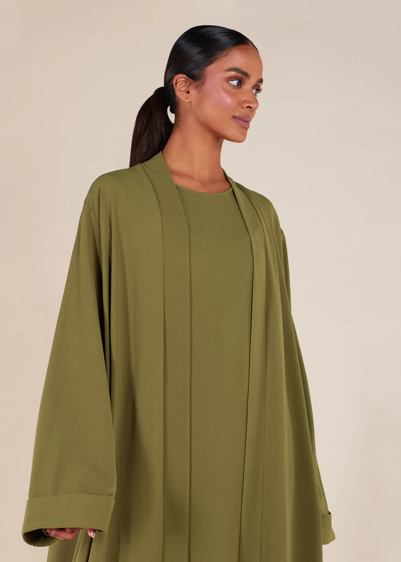 Two Piece Open Abaya With Slip Olive Green - Image 4