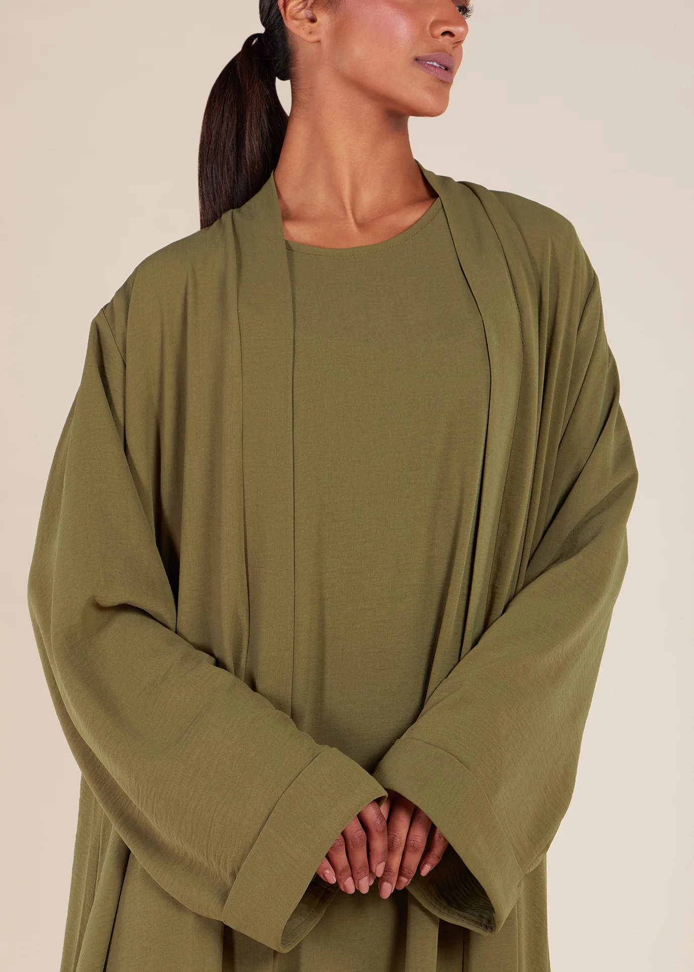 Two Piece Open Abaya With Slip Olive Green - Image 5