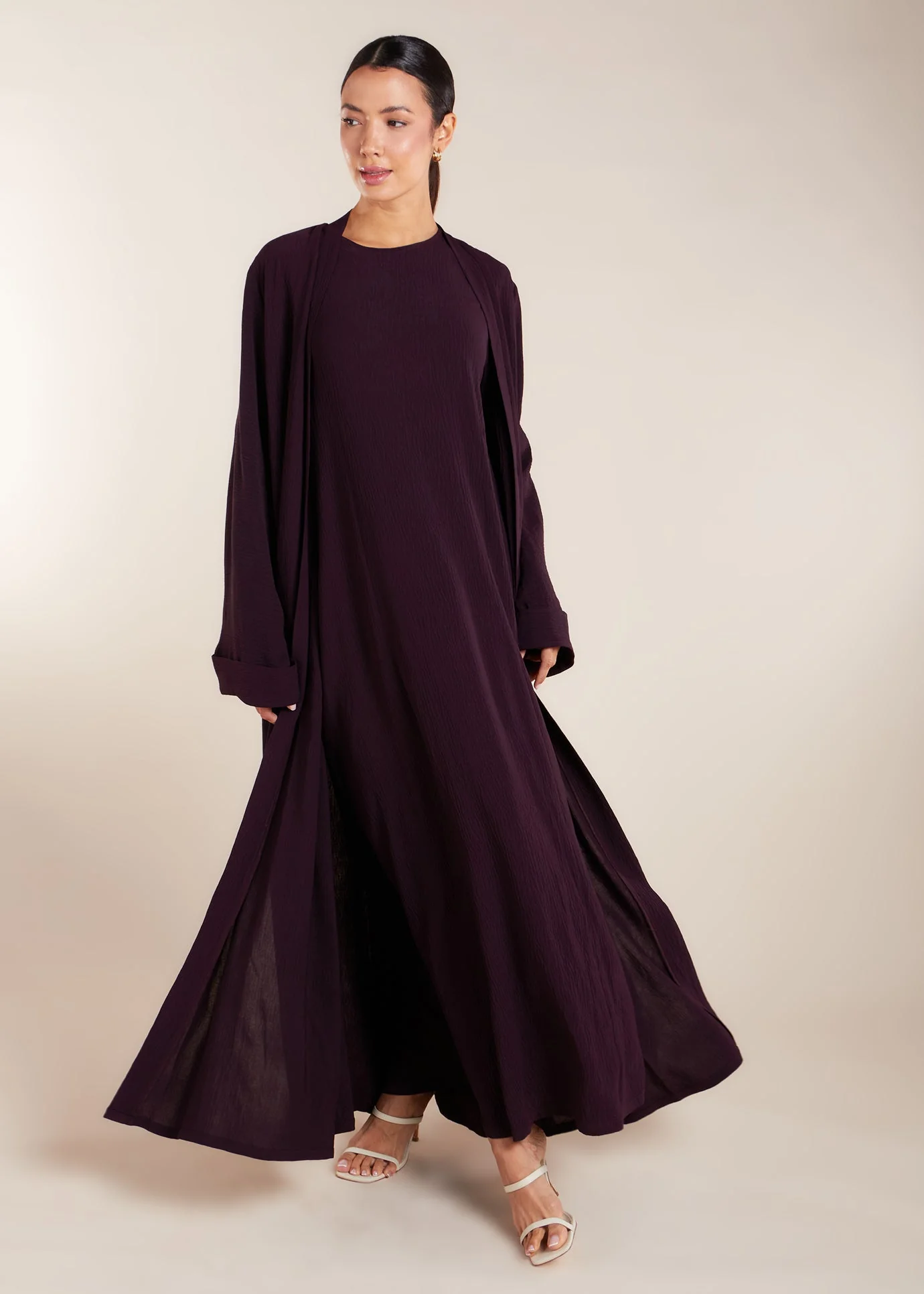 Two Piece Open Abaya with Slip Taupe - Image 2